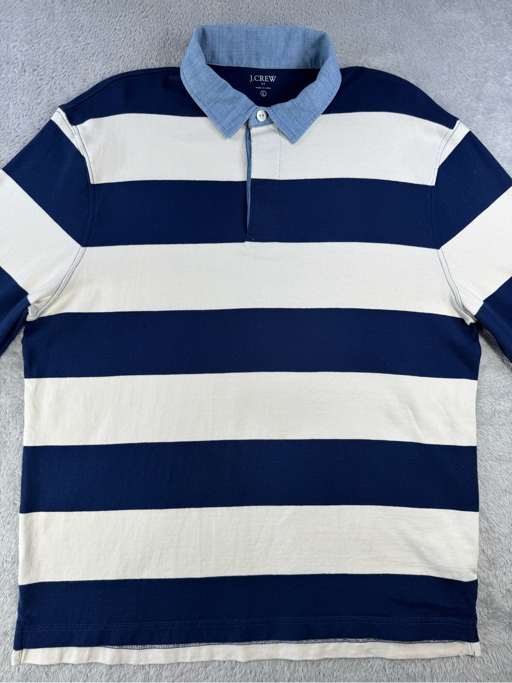 J.Crew Factory Mens L Rugby Shirt Navy Ivory Stripe Chambray Collar Preppy - Picture 2 of 14